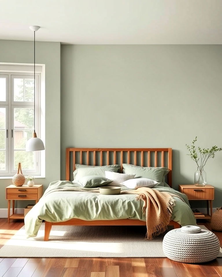 minimalist yet warm soft sage green bedroom