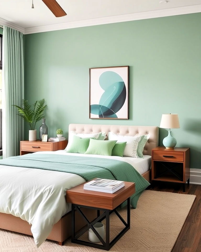 mint green accents with walnut bedroom furniture