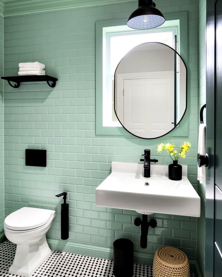 mint green and black accents for a modern bathroom