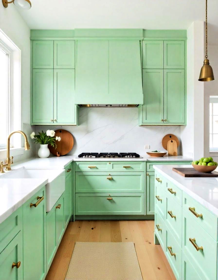 mint green and brass hardware combo kitchen