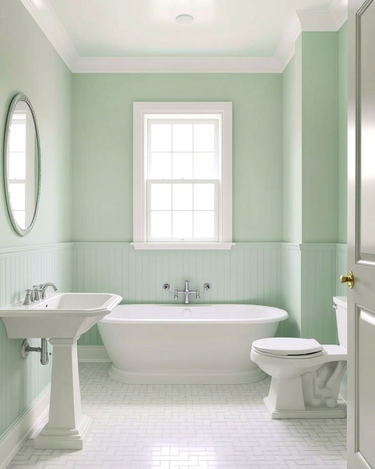 mint green bathroom walls with classic white fixtures