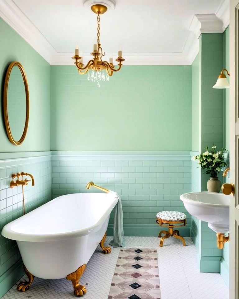 mint green bathroom with elegant brass accents