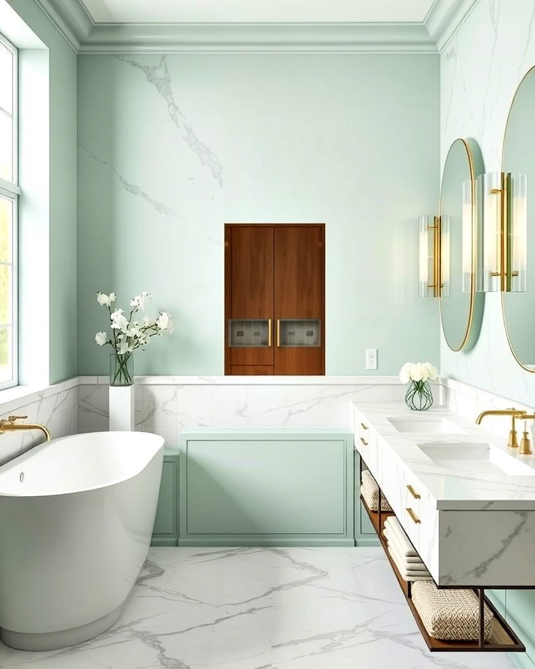 mint green bathroom with luxe marble surfaces