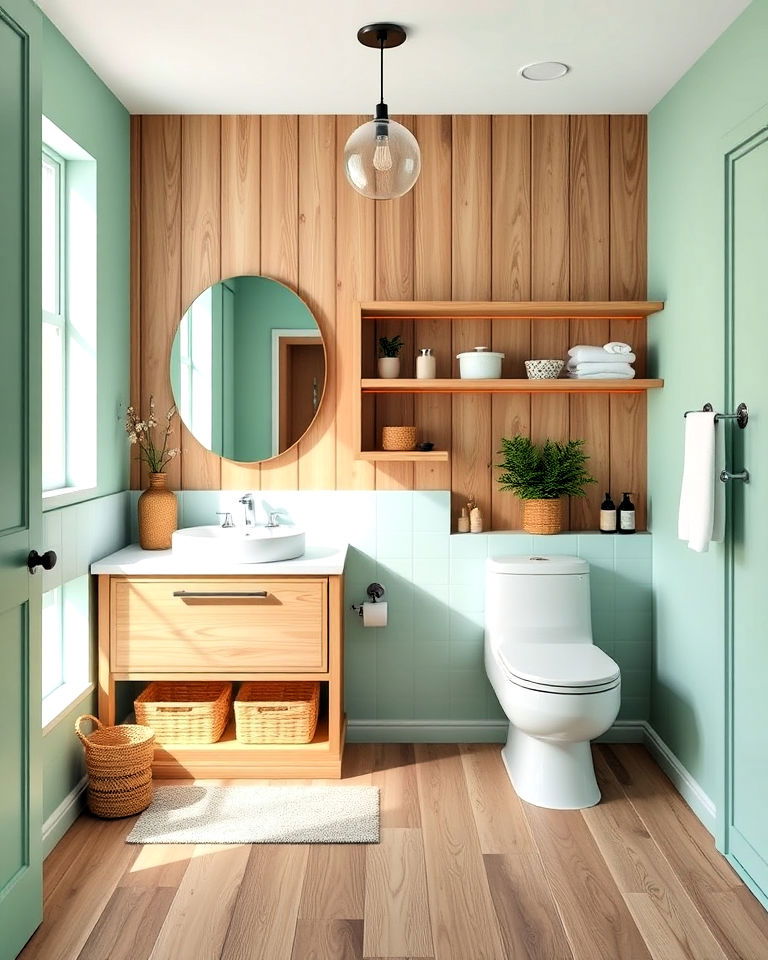 mint green bathroom with natural wood accents