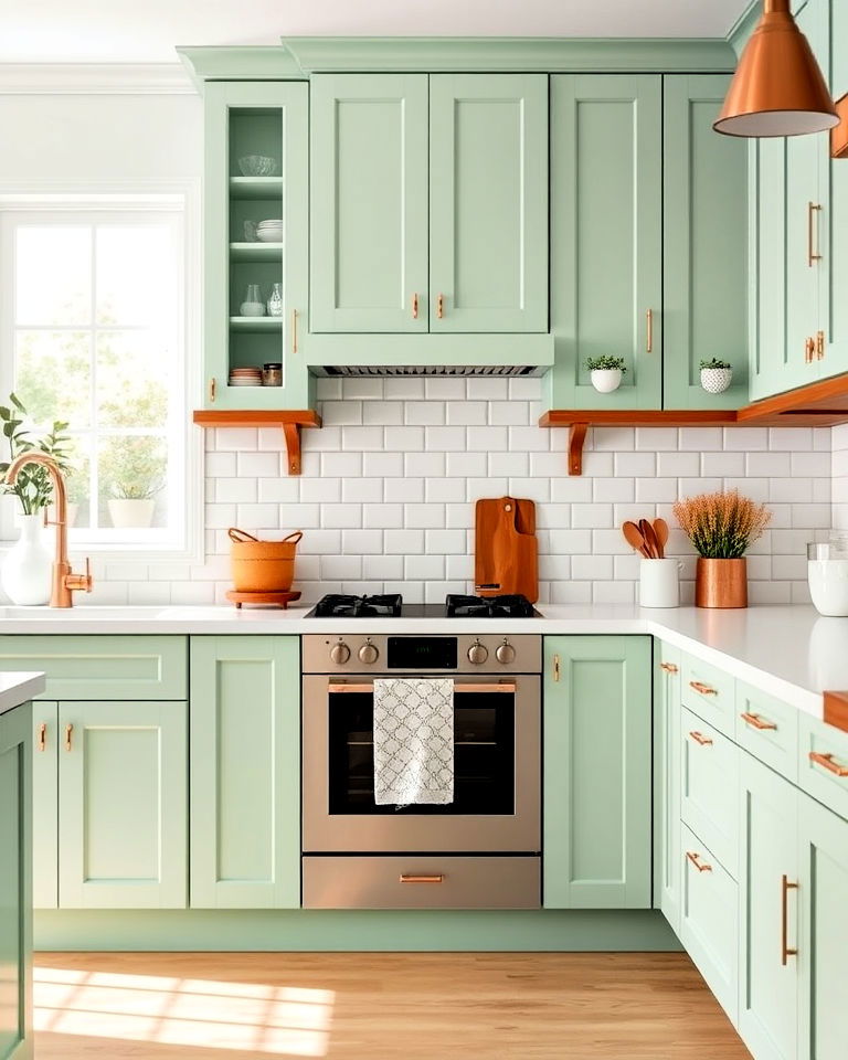 mint green cabinets with copper details