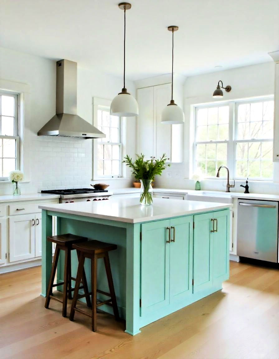 mint green kitchen island as a statement piece