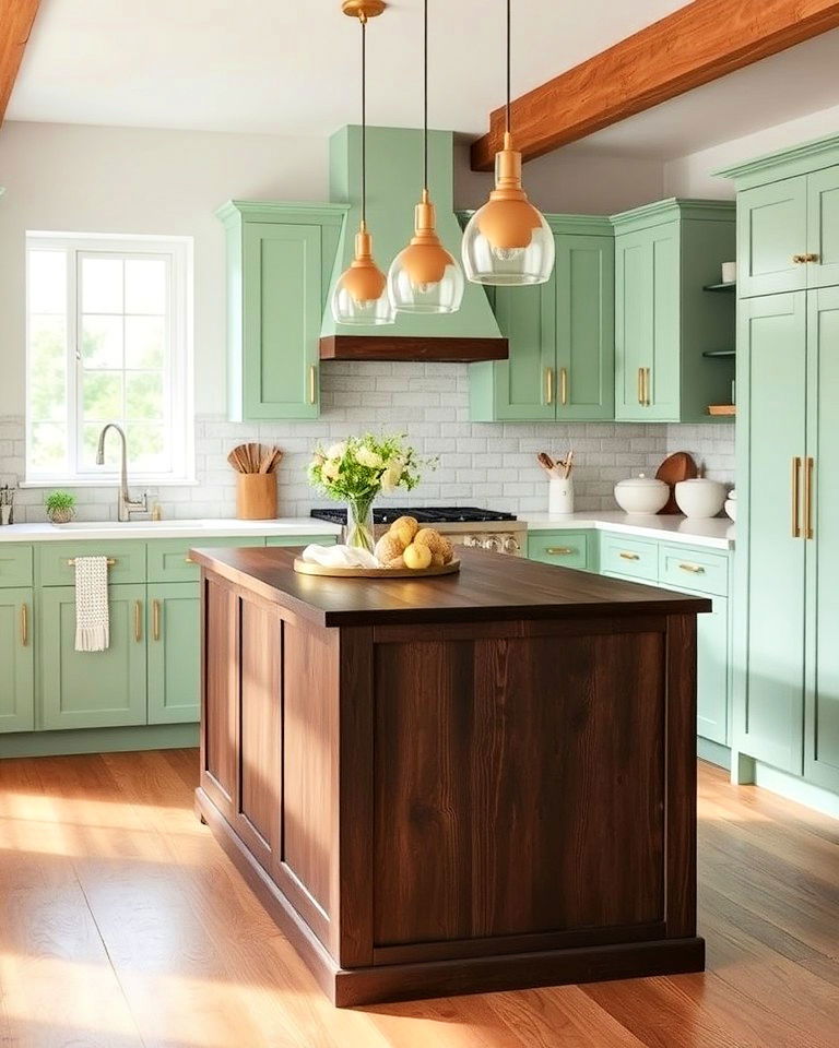 mint green kitchen paired with a dark wood island