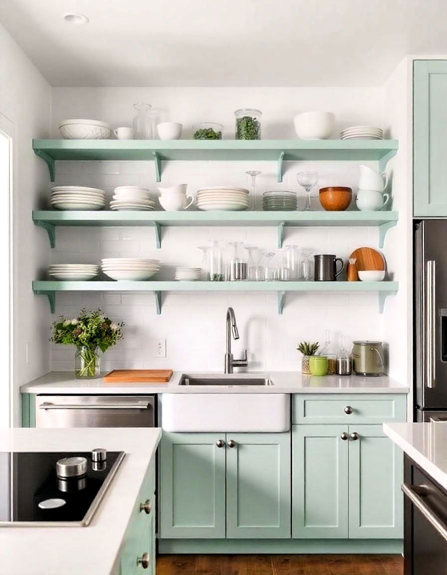 mint green open shelving for a light airy feel