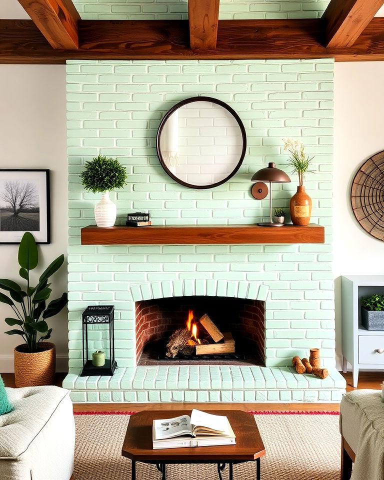 mint green painted brick fireplace