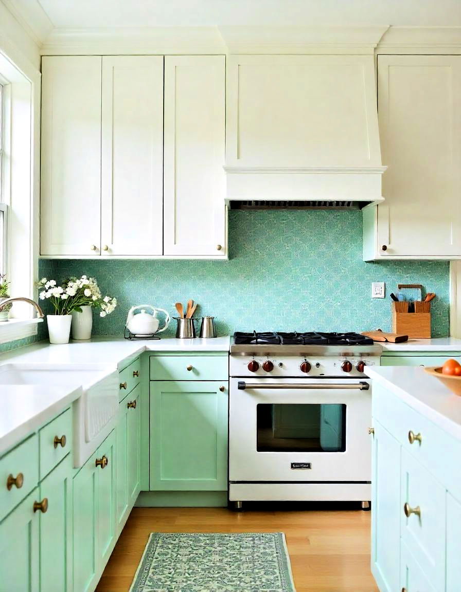 mint green tile backsplash with bold patterns
