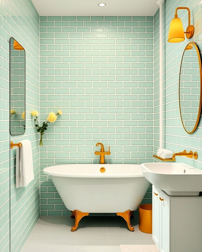 mint green tiles with golden yellow details