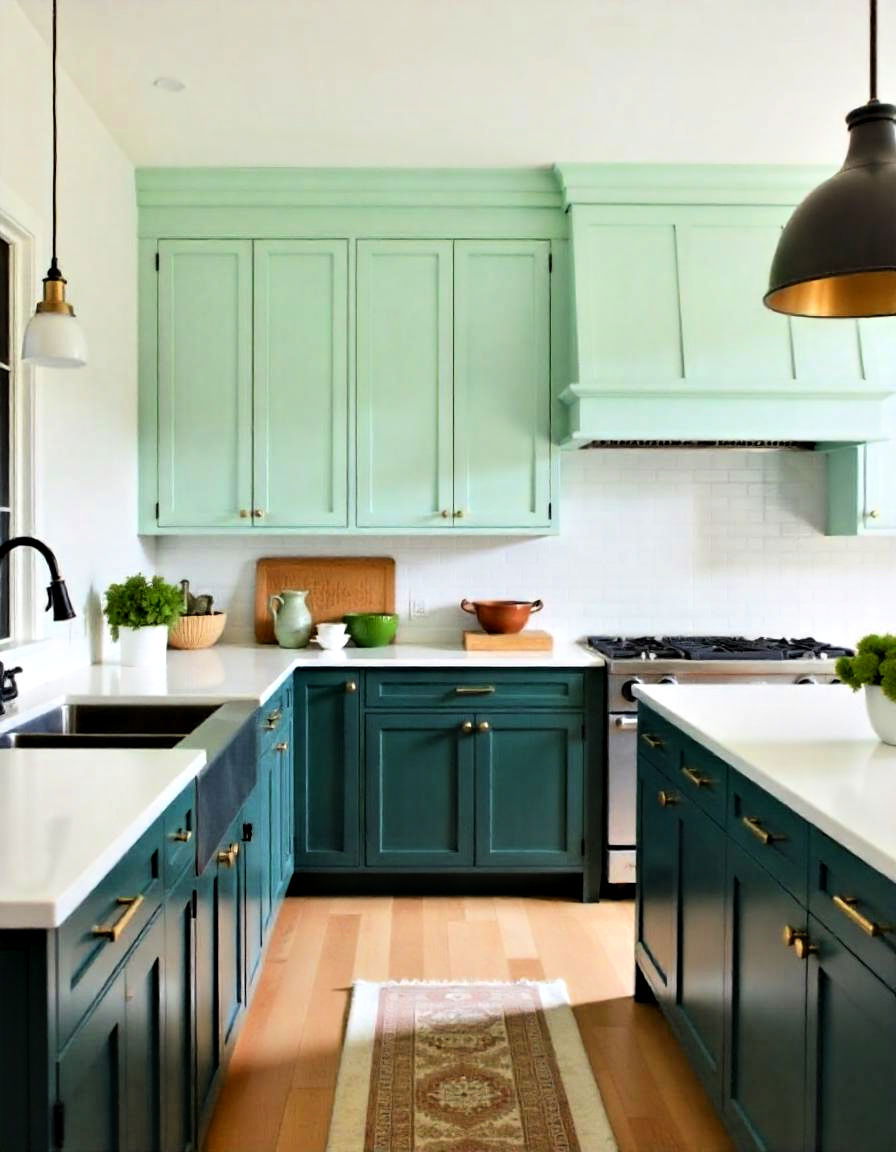 mint green upper cabinets for a two tone effect