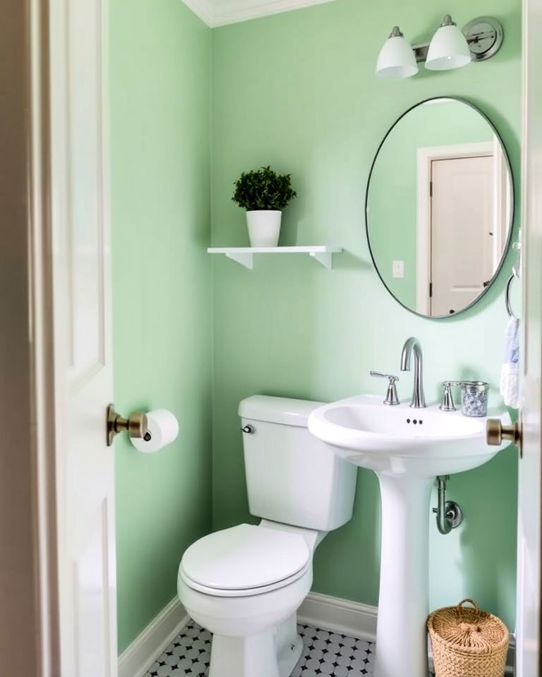 mint green walls with white fixtures