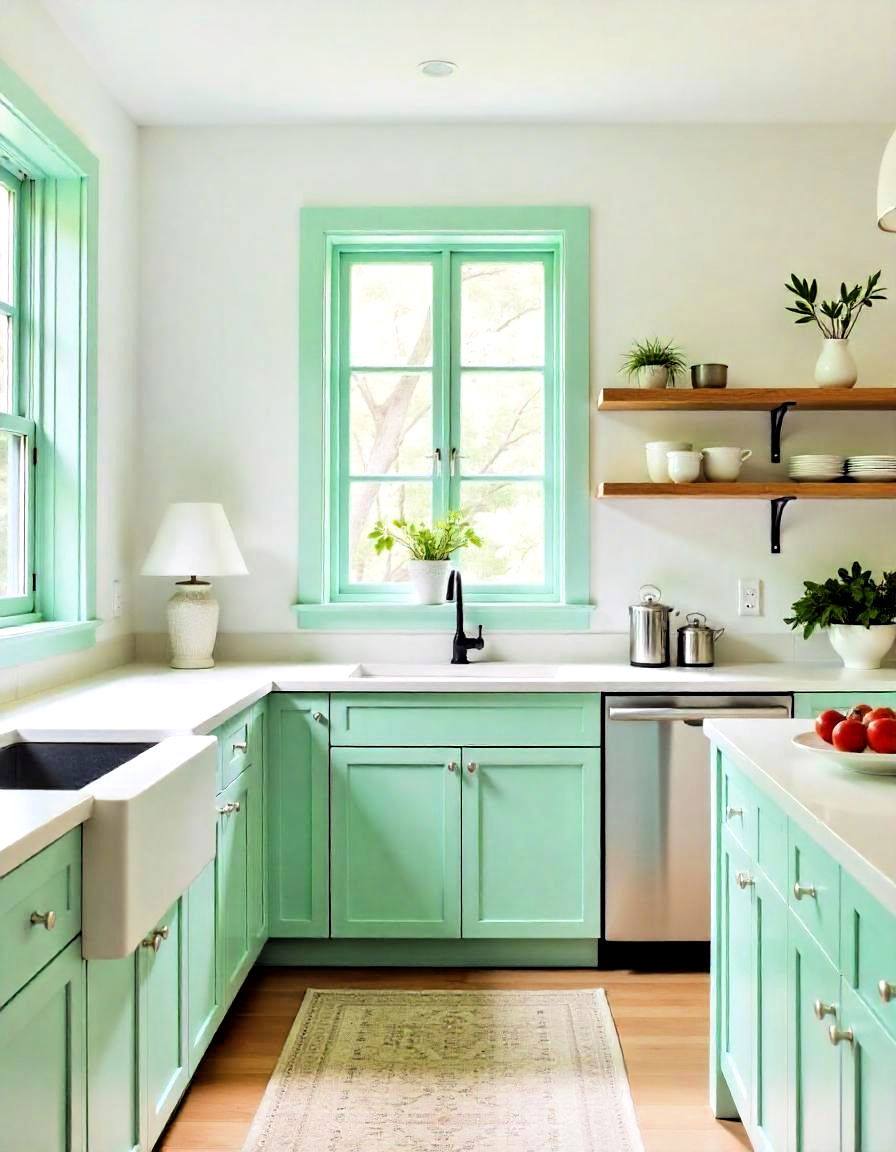 mint green window frames for a pop of color