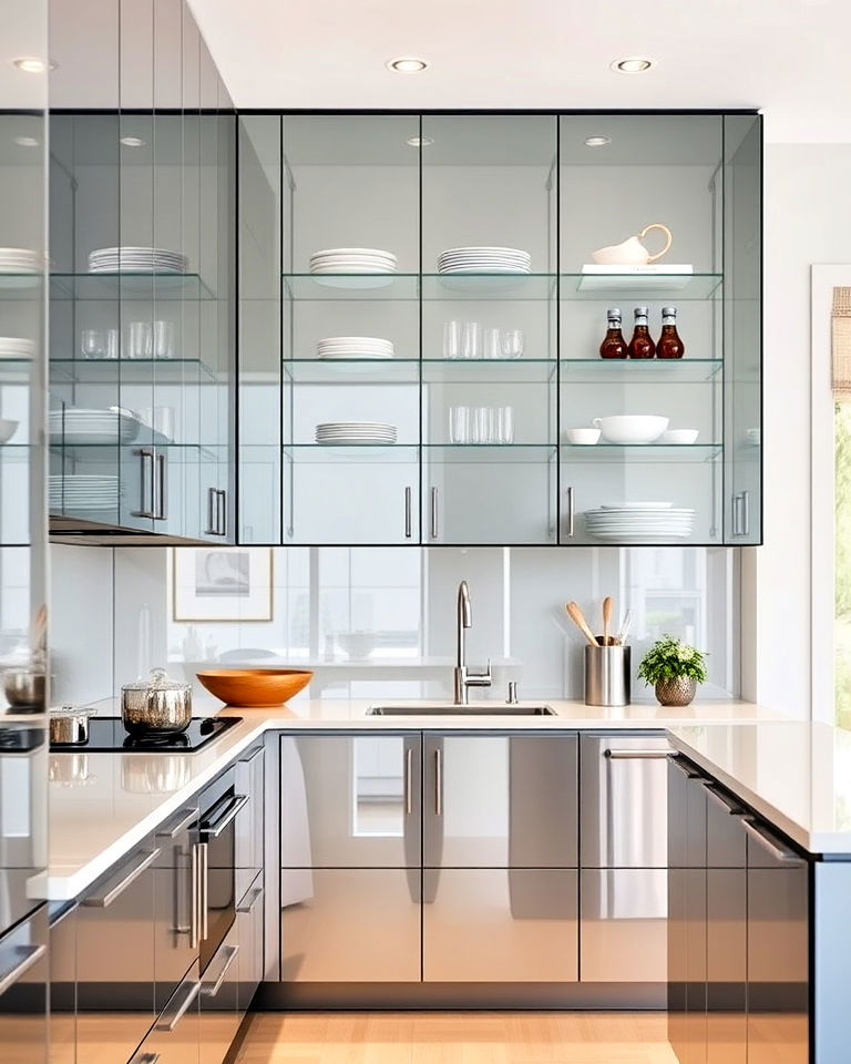 mirror finished glass kitchen cabinets
