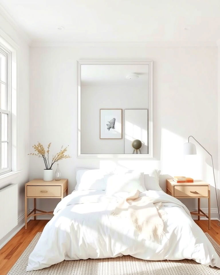 mirror to maximize light in a small white bedroom