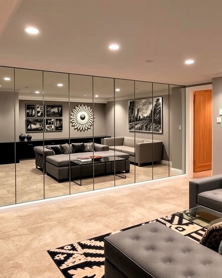 mirrored accent wall for basement