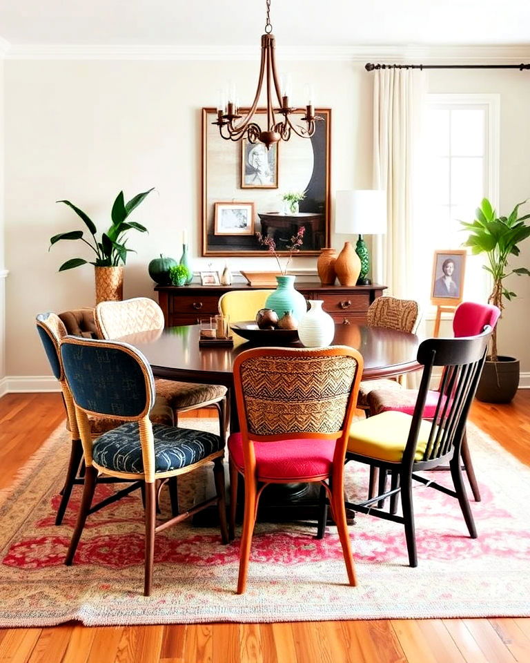 mismatched chairs for 70s dining room design