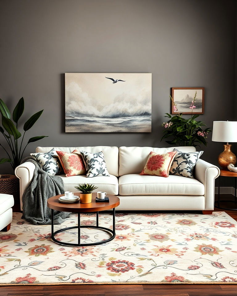 mix and match cream couch with patterns