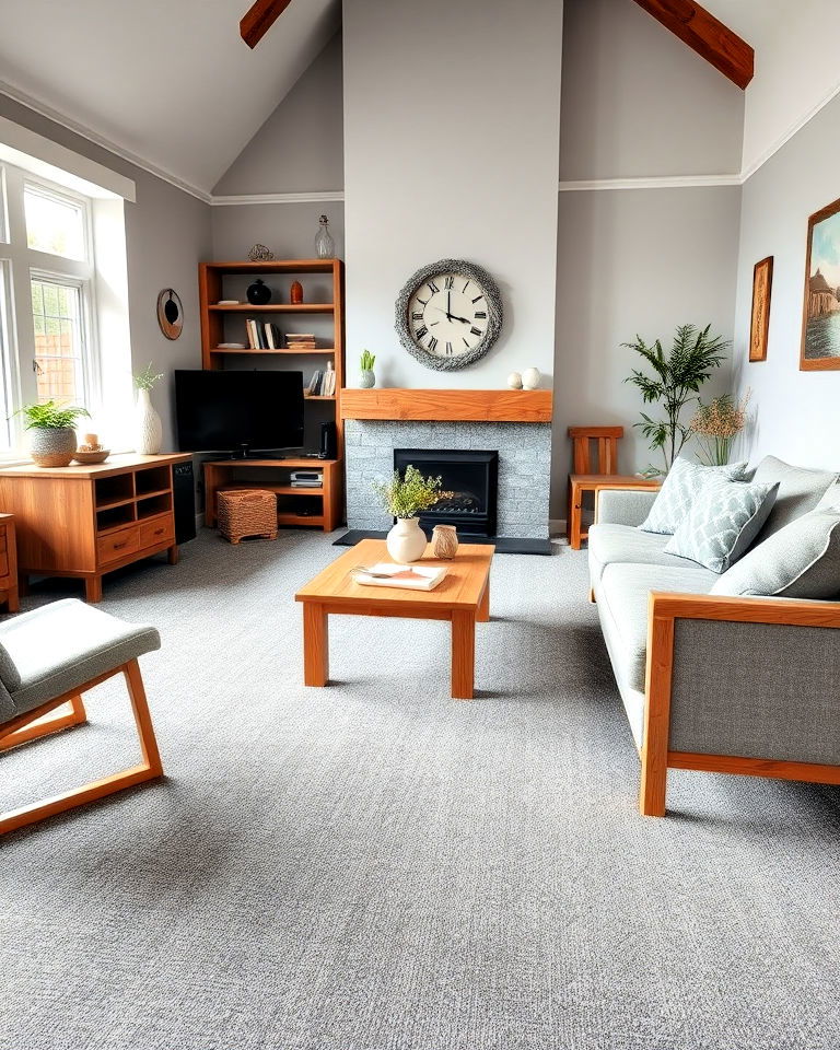 mix grey carpet with wooden furniture for contrast