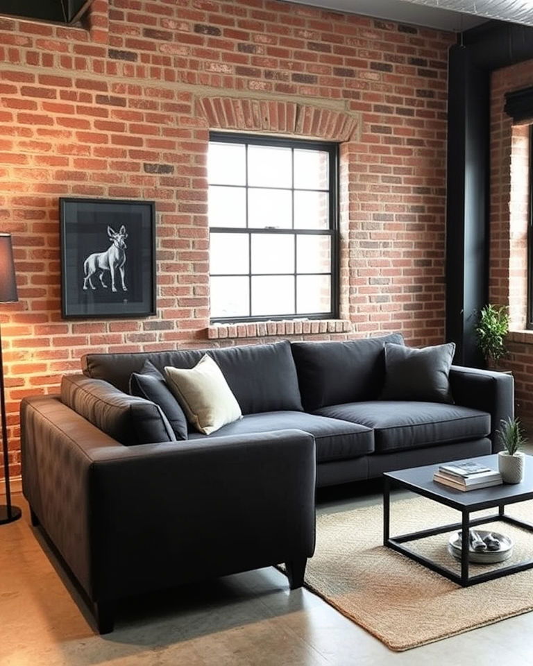 mix industrial style elements with dark grey couch