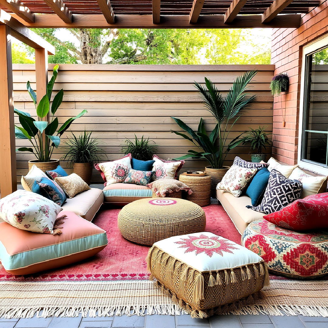 mix of cushions and poufs for boho style patio