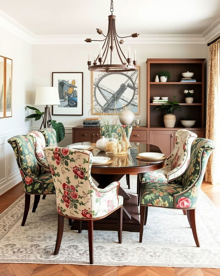 mixed pattern upholstery dining room