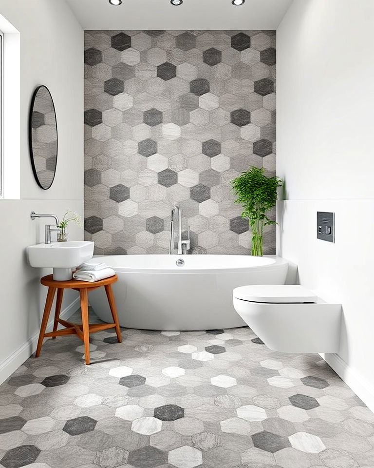 mixing different sizes of grey tiles bathroom