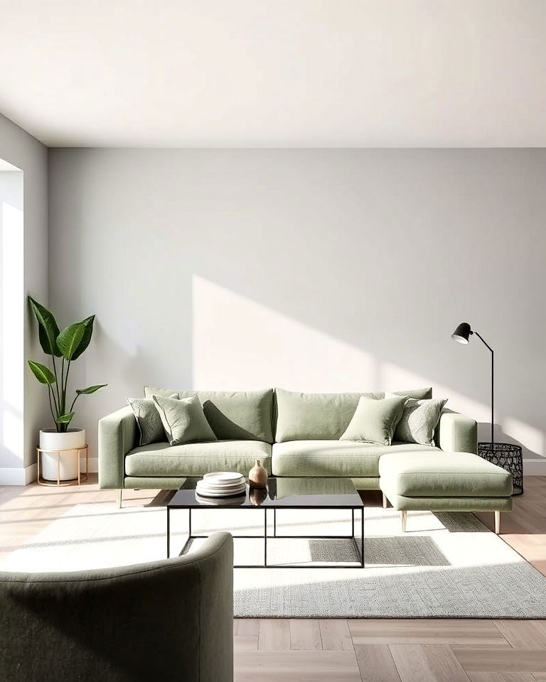 modern and minimalist green and grey living room