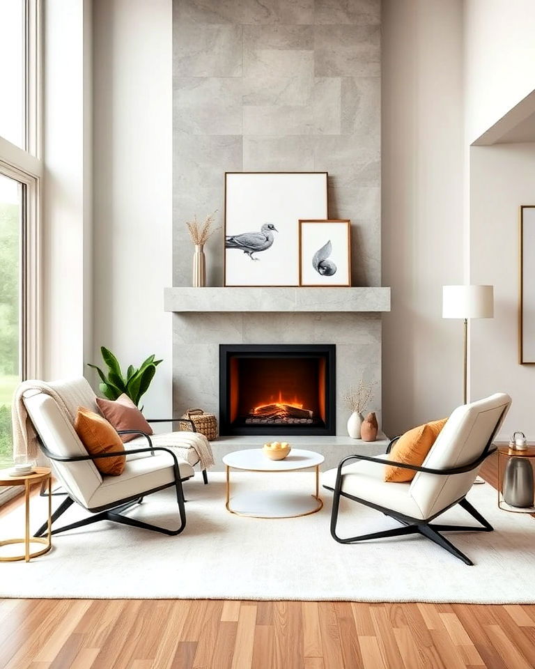 modern and stylish lounge chairs near a fireplace