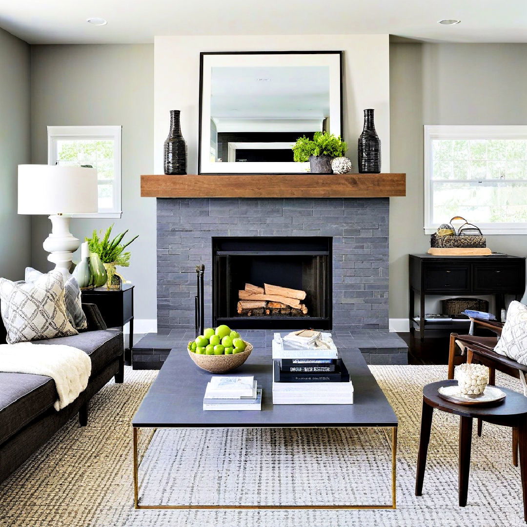 modern asymmetrical mantel off center fireplace