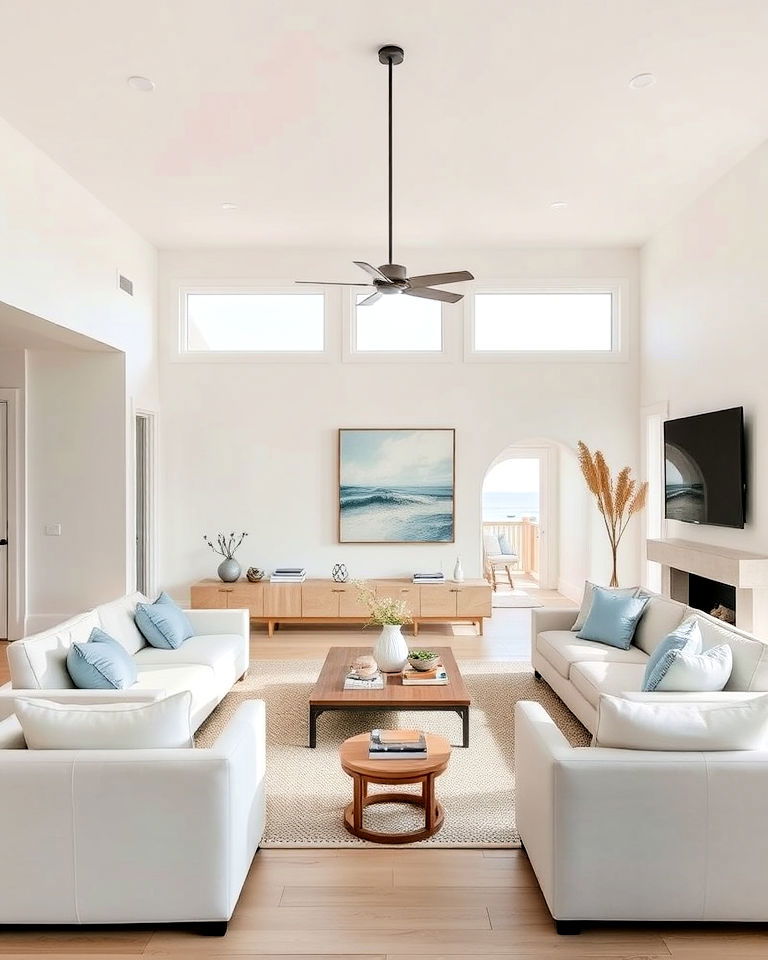 modern beach house living room with neutral tones