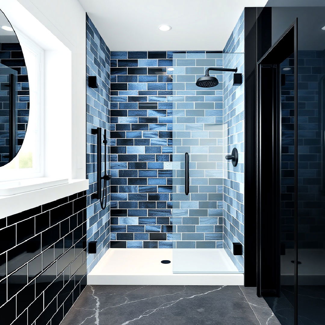 modern black and blue shower tiles