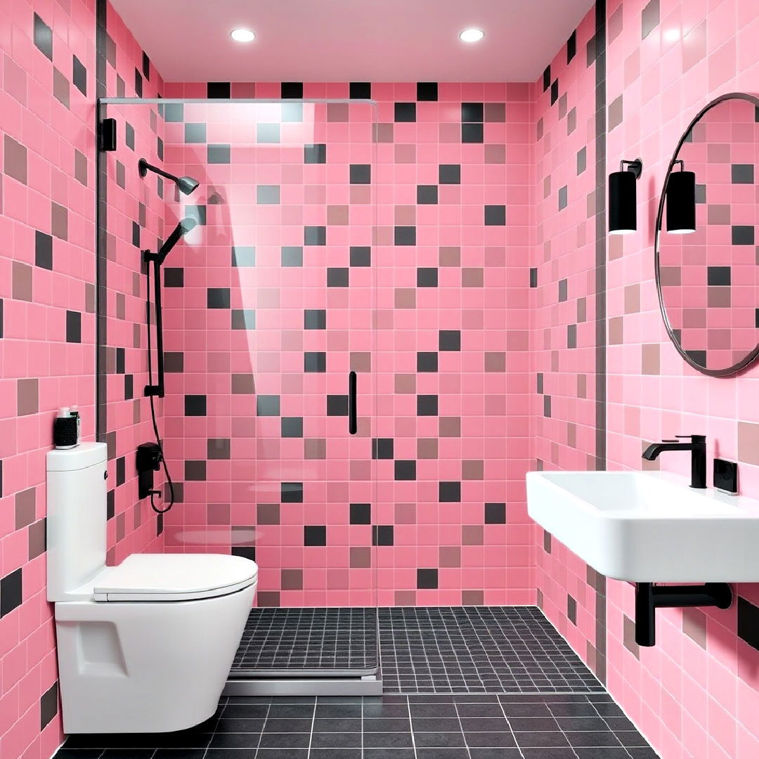 modern black and pink shower tiles