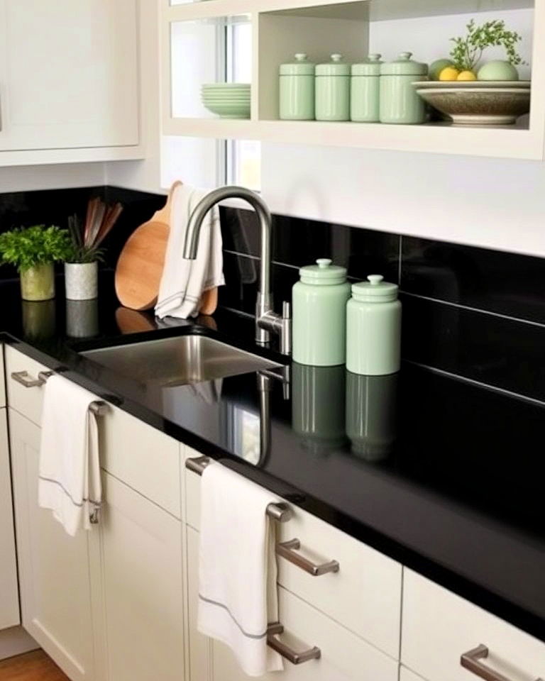modern black countertops with sage green kitchen accessories