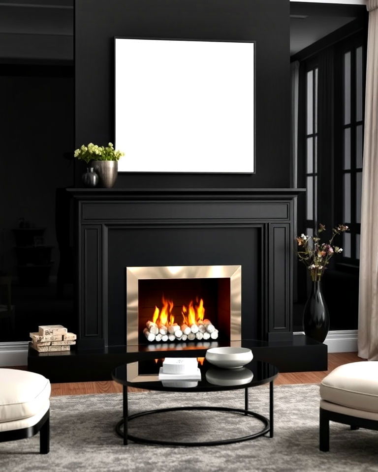 modern black fireplace with mirror backdrop