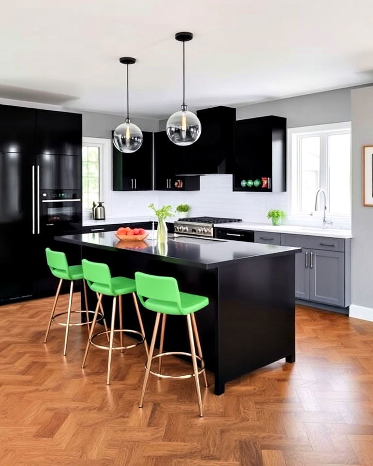 modern black island with green stools for kitchen