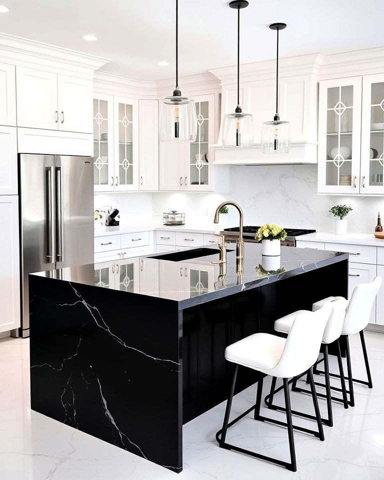modern black island with waterfall countertops