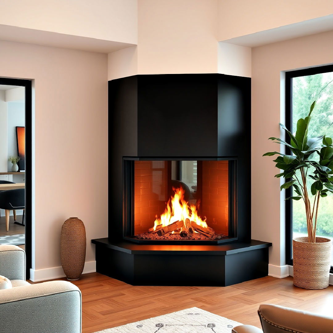 modern black steel surround corner gas fireplace