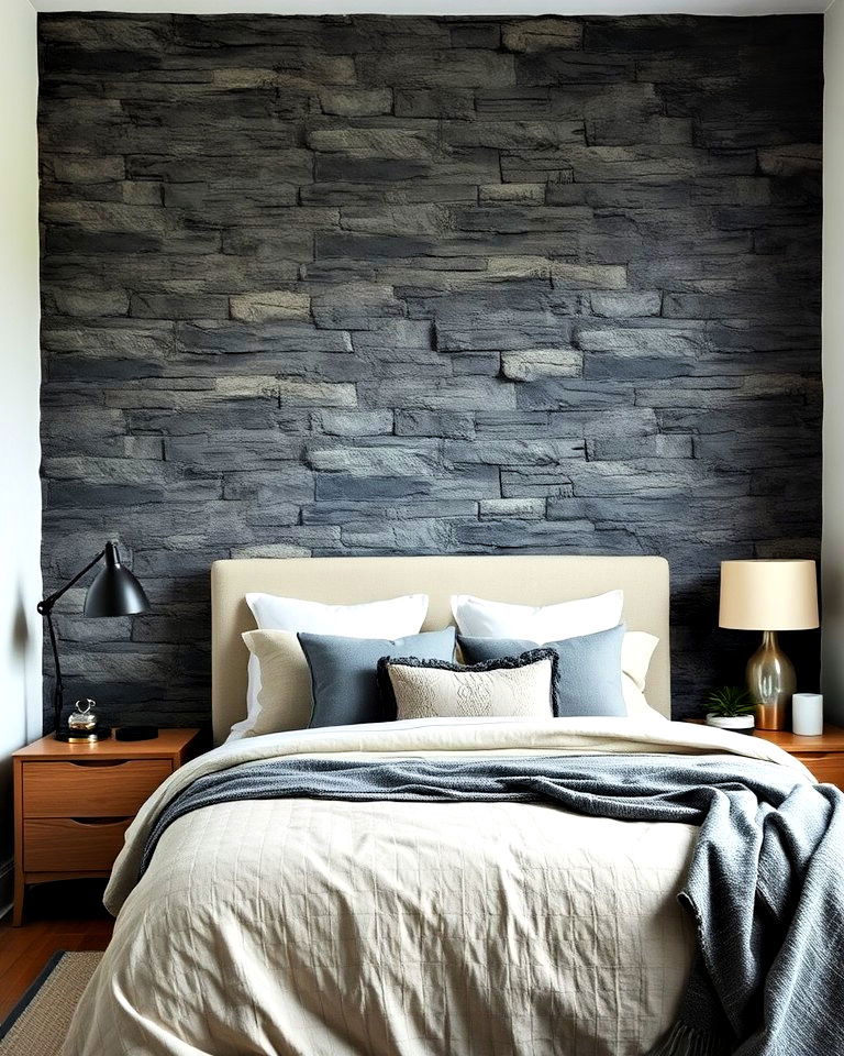 modern black stone accent wall for the bedroom