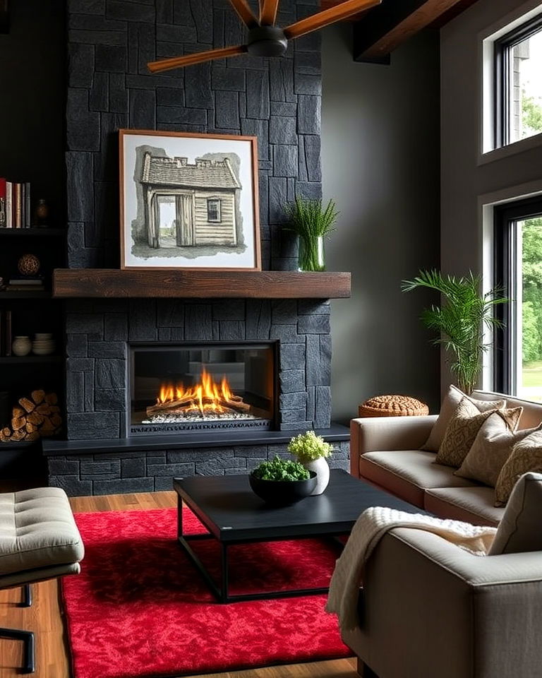 modern blackened wood fireplace