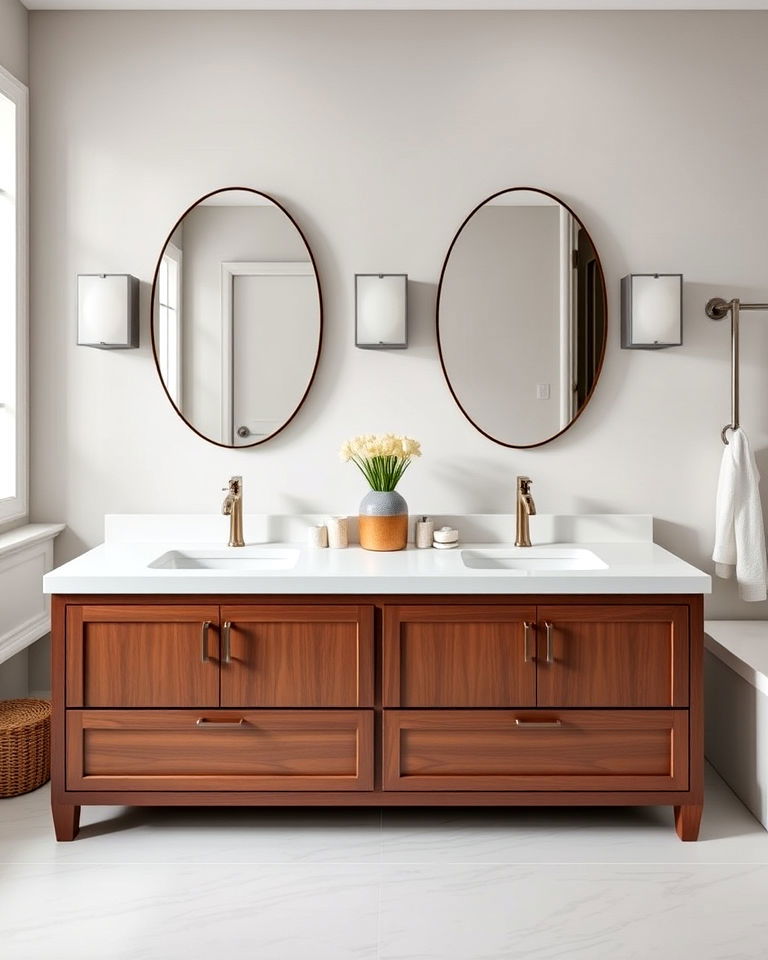 modern brown and white vanity with dual sinks