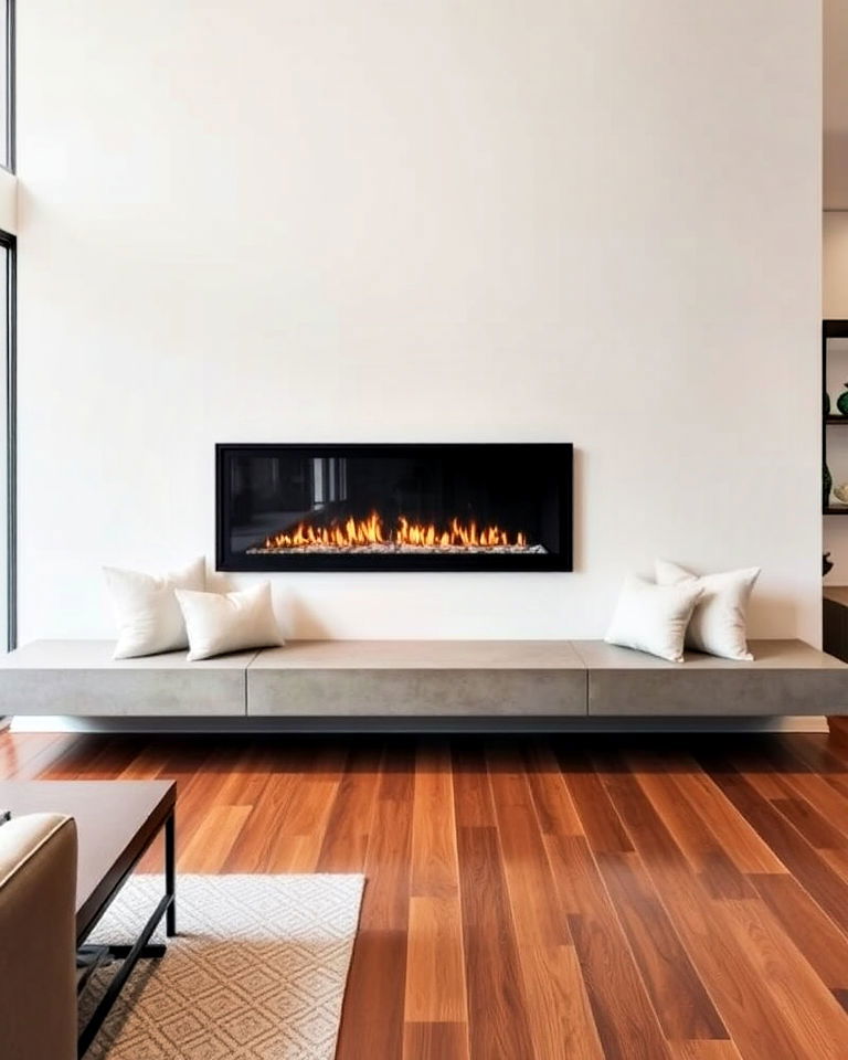 modern built in seating bench with linear fireplace