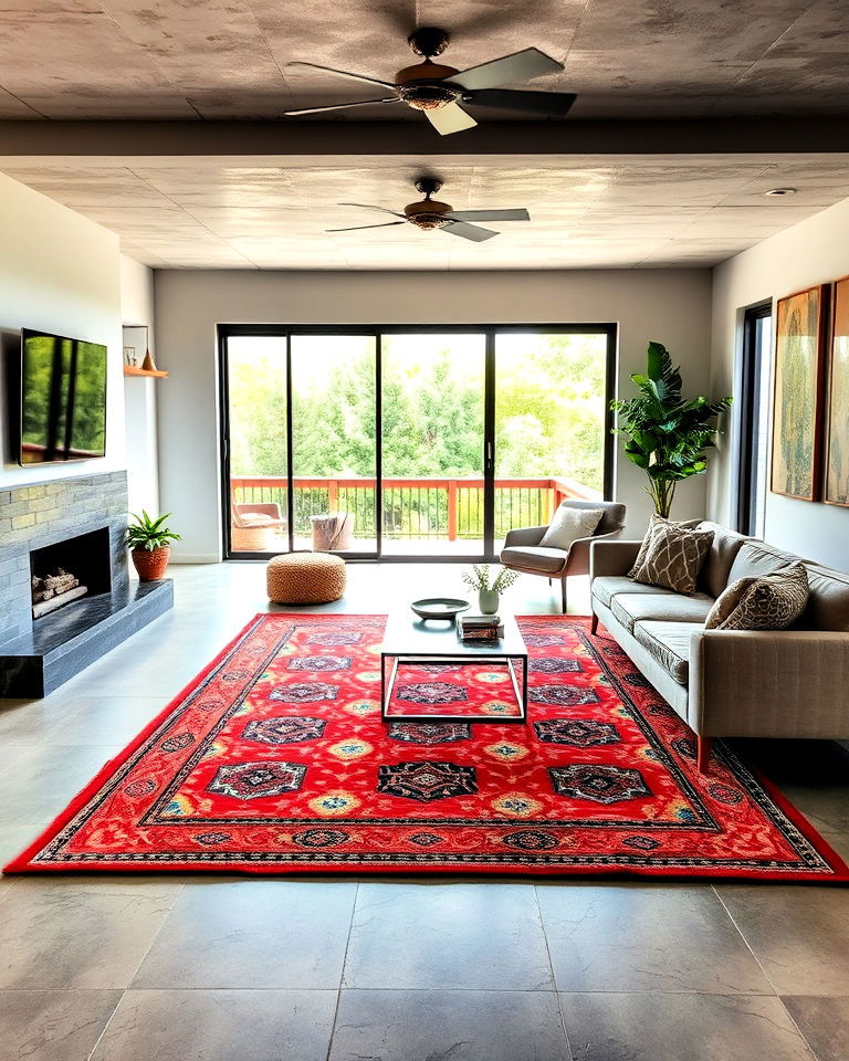 modern concrete floors with bold area rugs