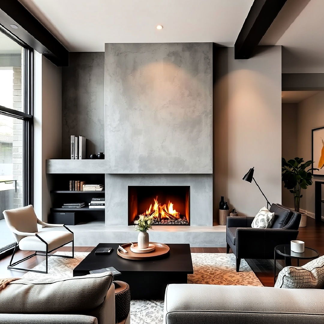 modern concrete surround off center fireplace design