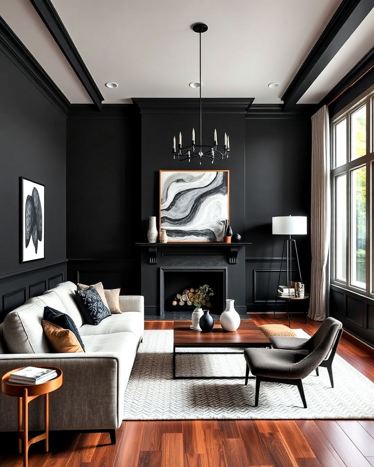 modern dark living room wainscoting
