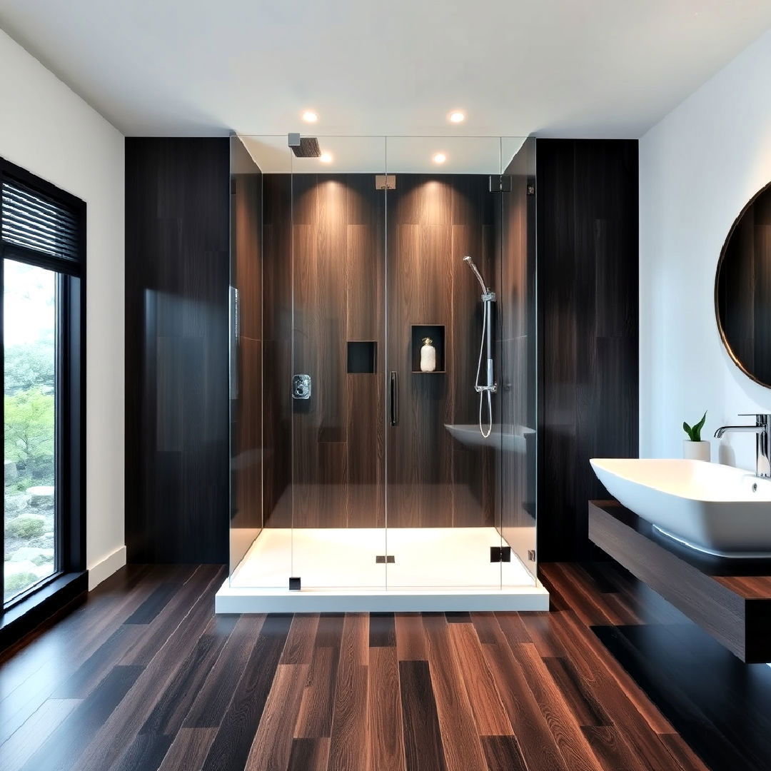 modern dark wood floor with walk in shower