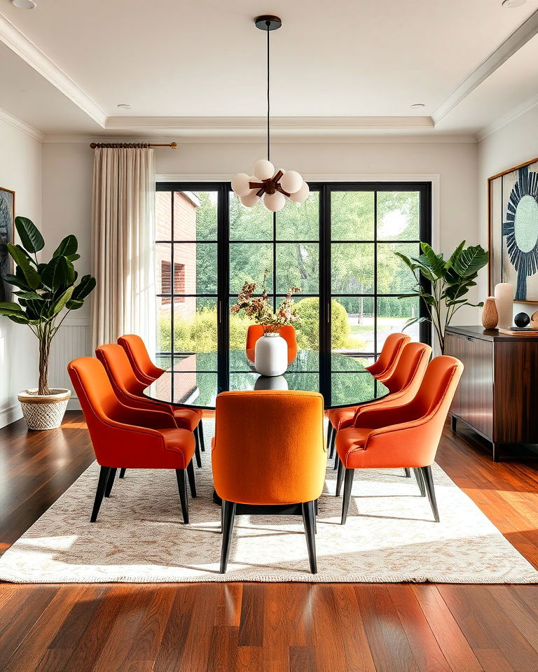 modern dining room with upholstered chairs