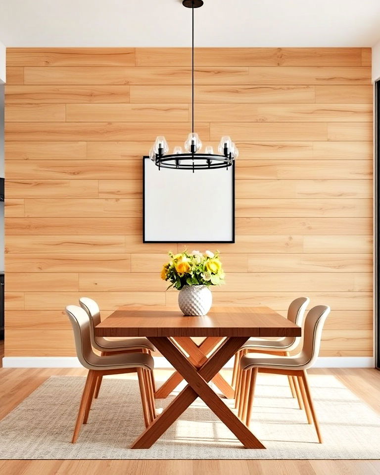 modern dining room with wood shiplap walls