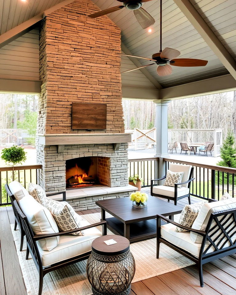 modern farmhouse deck with stacked stone fireplace